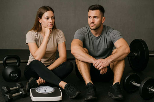 Frau und Mann sitzen nach dem Krafttraining im Fitnessstudio