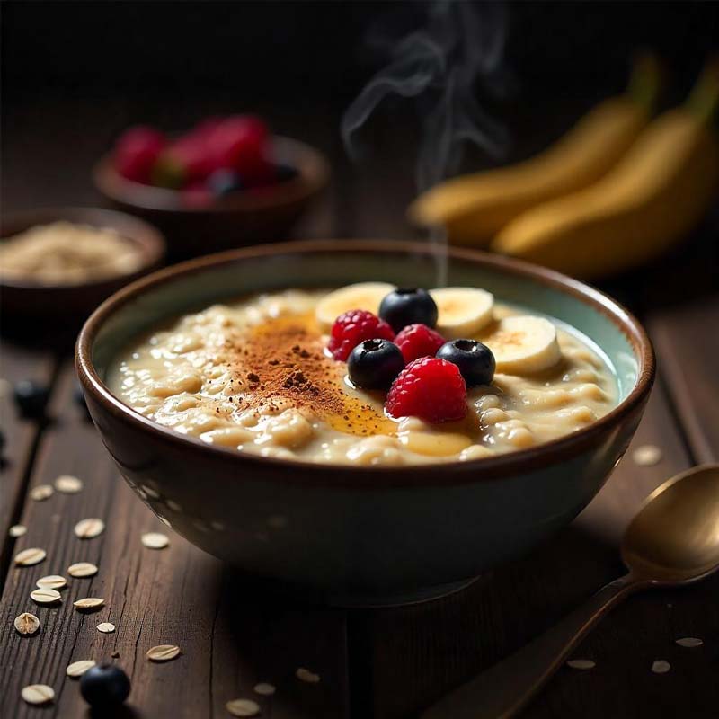 Porridge mit Beeren, Banane und Zimt als kalorienreiches veganes Frühstück
