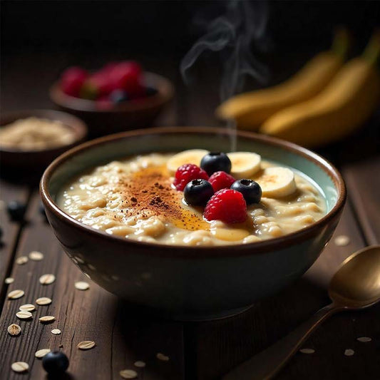 Porridge mit Beeren, Banane und Zimt als kalorienreiches veganes Frühstück