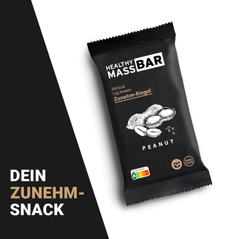 Healthy Riegel HealthyMASS-BAR | Zunehm-Riegel | 10 + 2 Gratis | Peanut – HealthyMass GmbH